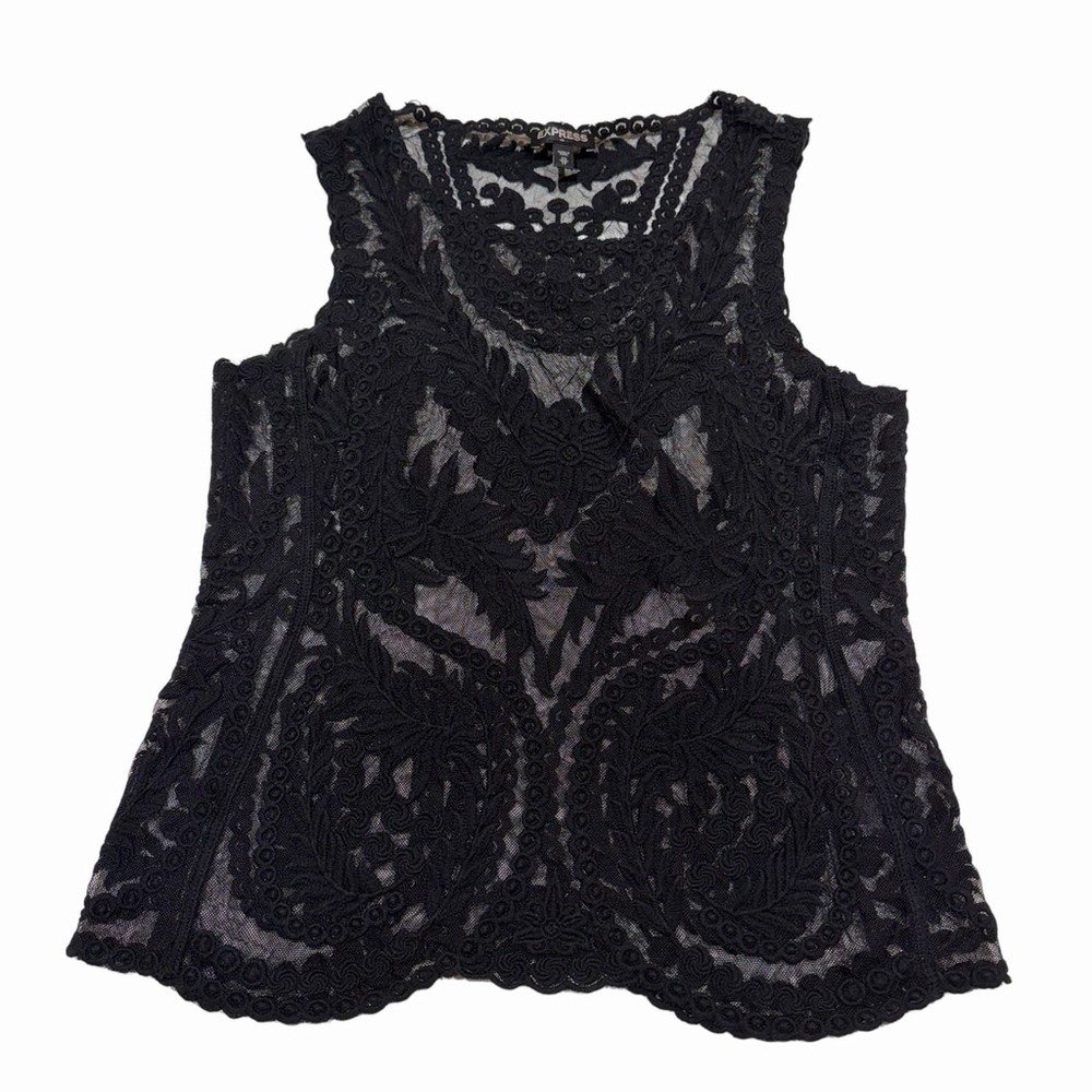 Express Black Lace Top XS Sheer Embroidered Mesh Sleeveless Y2K Gothic Romantic